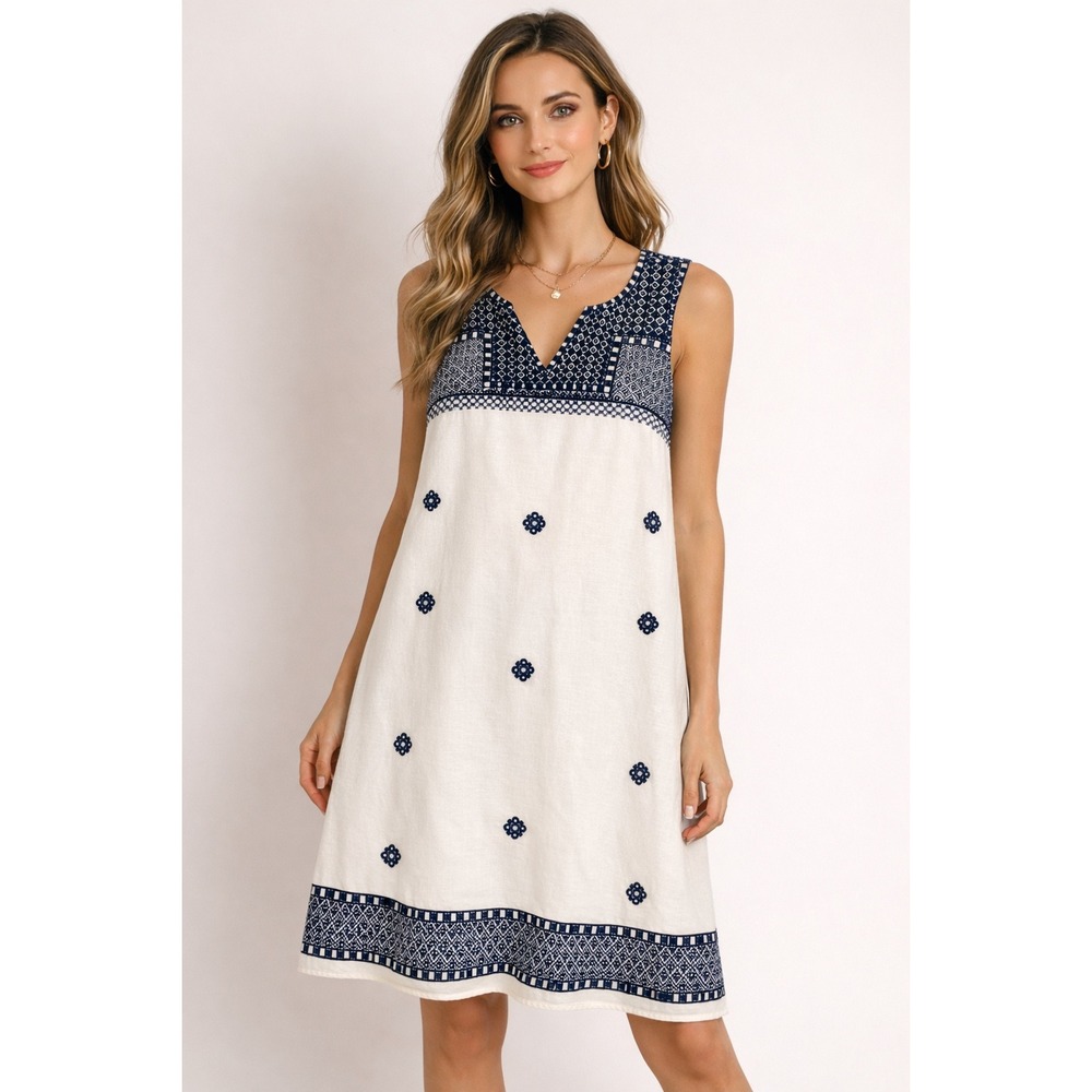 Beachlunchlounge Lliya Size 8 Cream‎ Navy Cotton Embroidered Shift Dress Summer